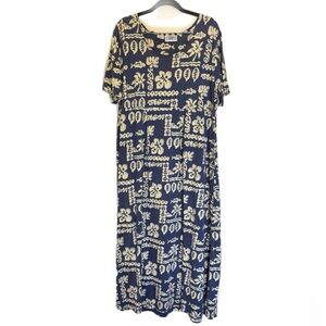 Back East blue & white 100% cotton short sleeve tropical print maxi dress
